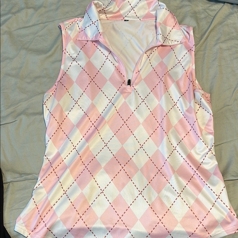 Pink and White Argyle Sleeveless Golf Top